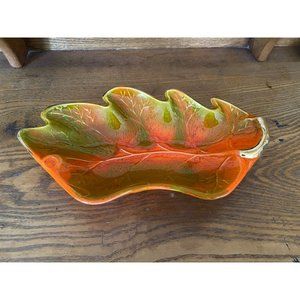 Vintage California Pottery Green Orange 1970's Leaf Dish